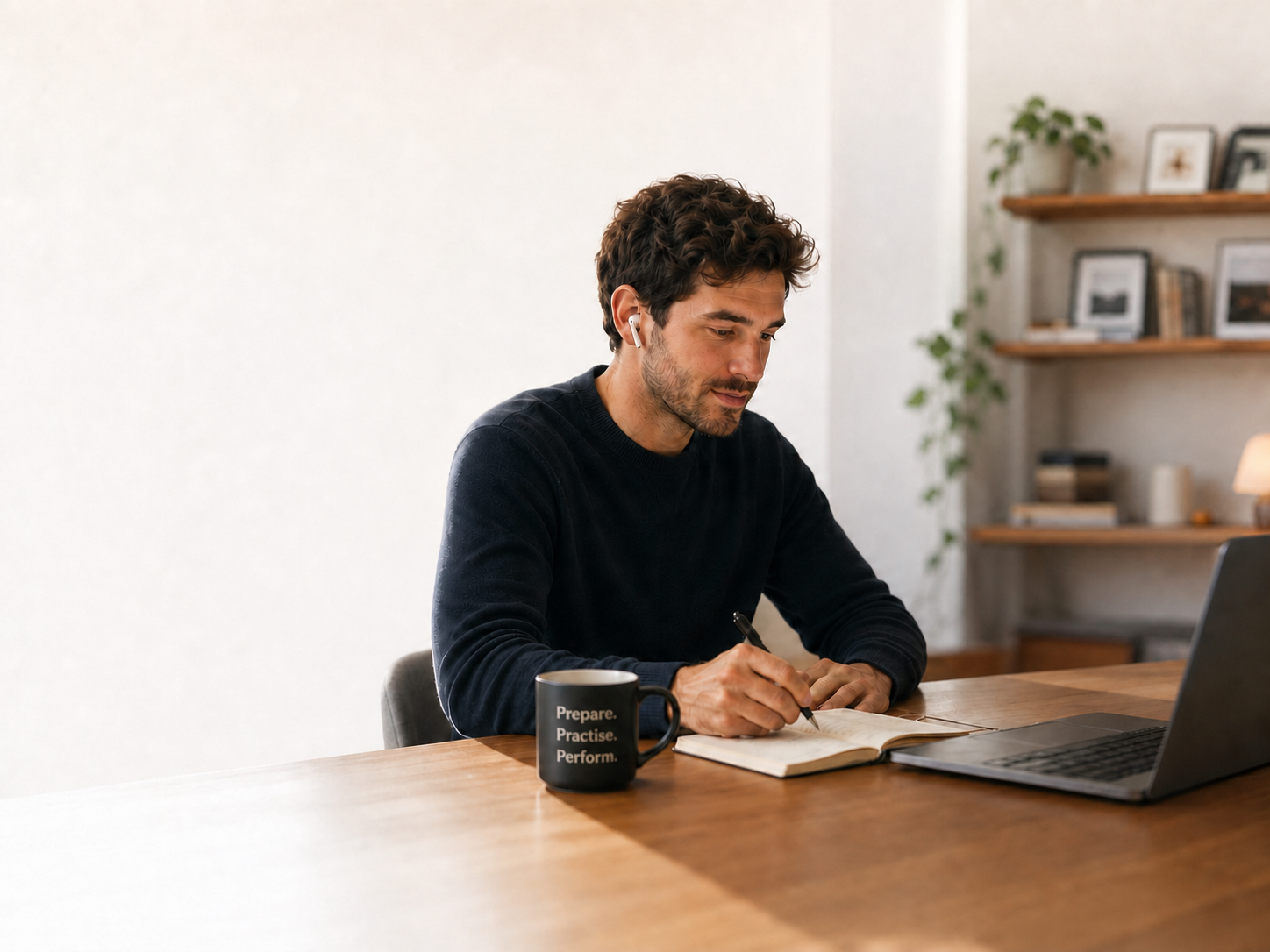A salesperson warming up for a call by writing notes beside a laptop and a mug reading Prepare, Practise, Perform