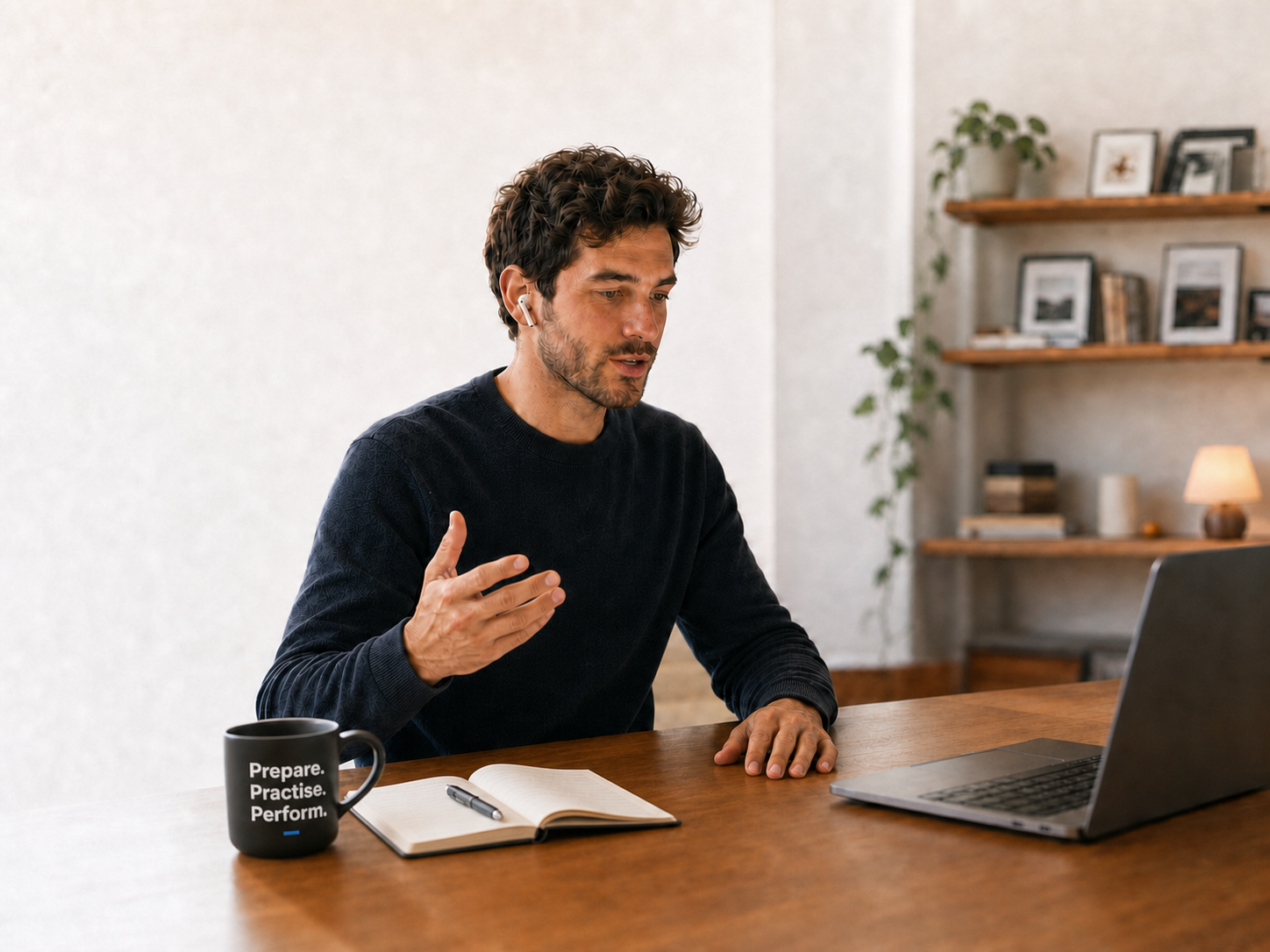 A salesperson actively rehearsing an objection response out loud at his laptop immediately before a customer call