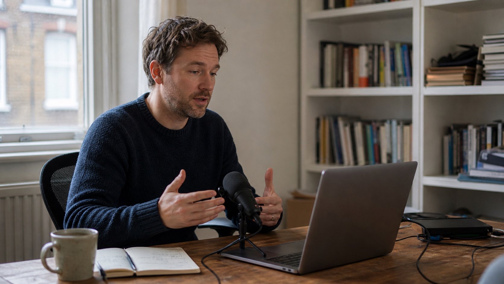 Founder practicing a sales call with a microphone and laptop in a small workspace