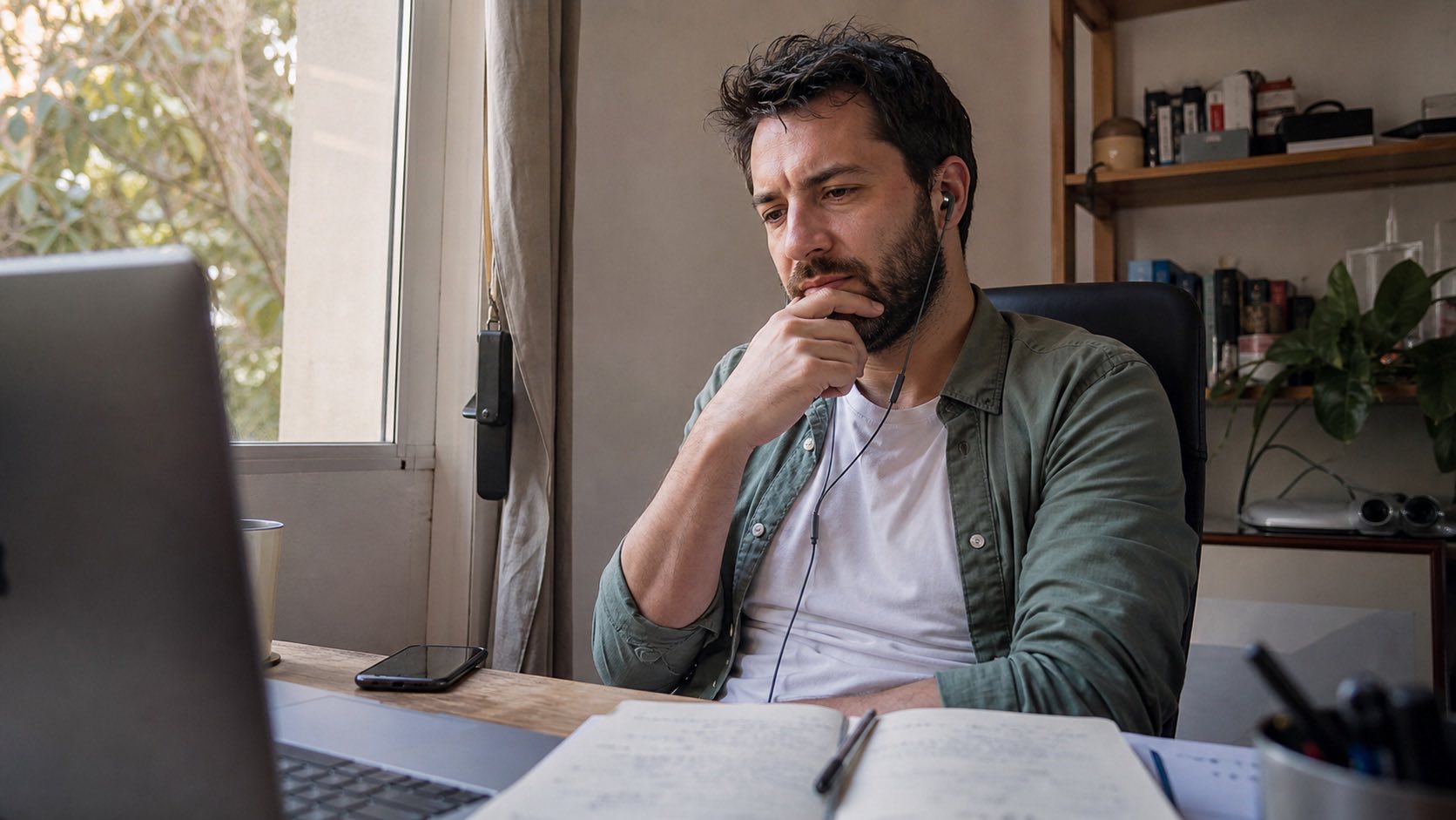 Seller thinking through an objection during a practice call at a home office desk