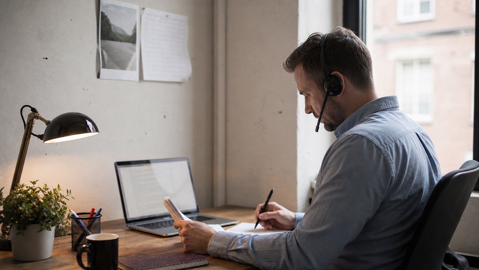 Founder practicing a sales call out loud with a headset before the real conversation
