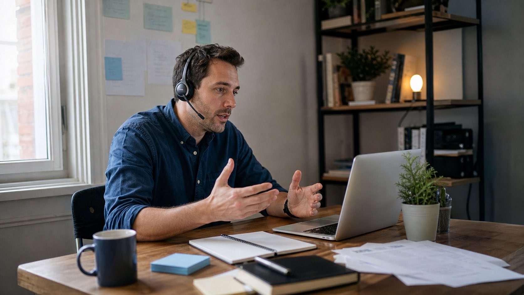 Seller practicing a sales roleplay scenario alone with a laptop and headset